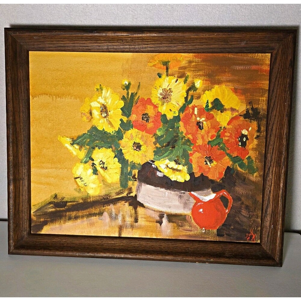 Framed Signed Floral Still Life Painting on Canvas Vase Flowers Art 18x24 in